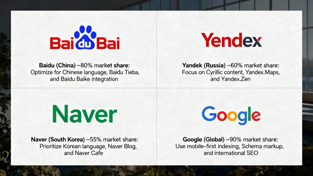 Regional search engines require tailored optimization strategies beyond Google